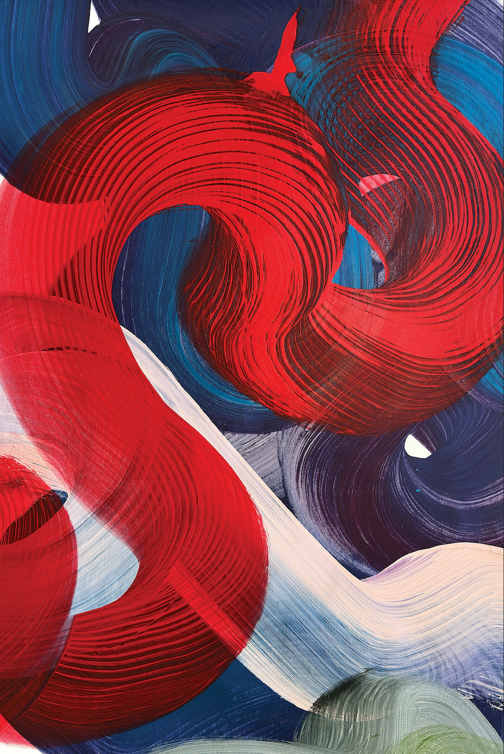 Abstract artwork with swirling red, blue, and white patterns