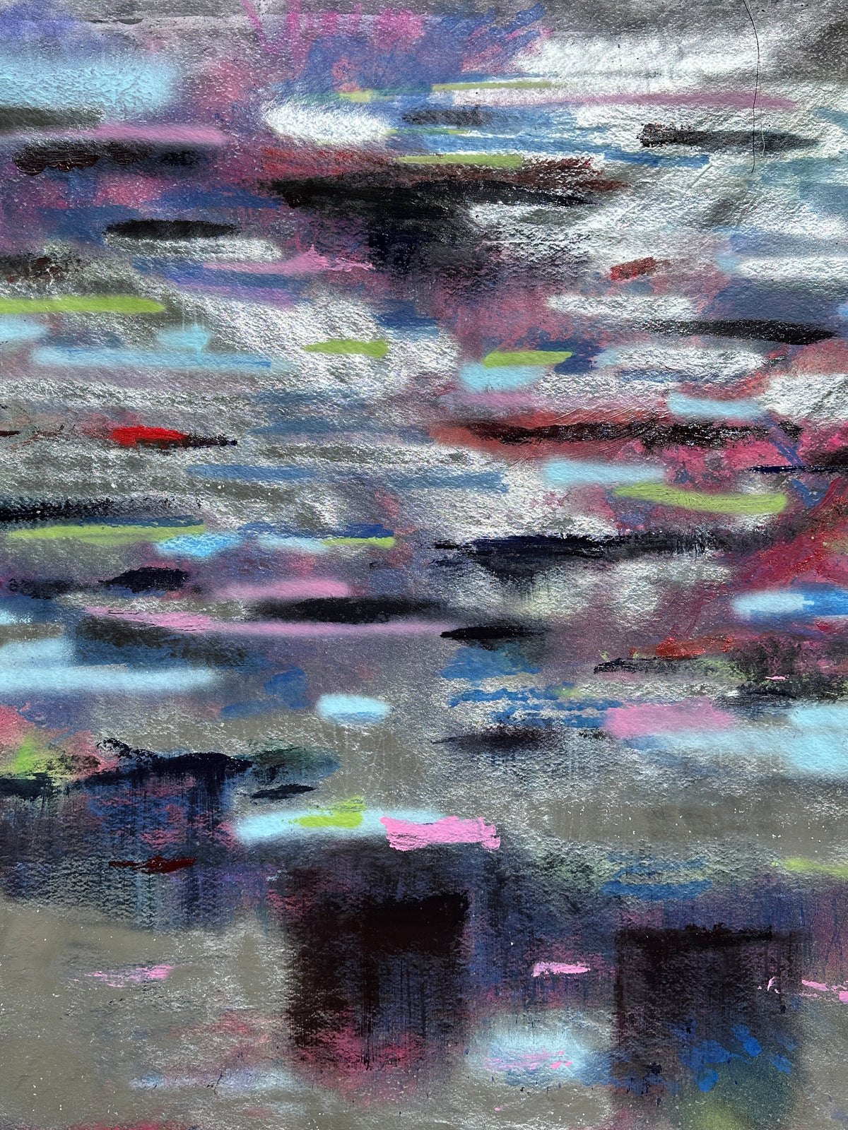 Abstract textured painting with horizontal brushstrokes in gray, silver, black, blue, pink, purple, and small bright green accents.